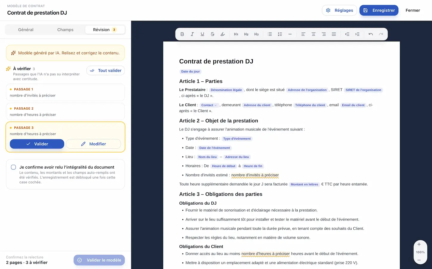 Capture d'écran de MyDJ CRM montrant l'import d'un contrat au format PDF ou DOCX et le modèle converti par l'IA, avec les variables (nom du client, date, lieu, montant, acompte) mises en évidence dans le texte du contrat.