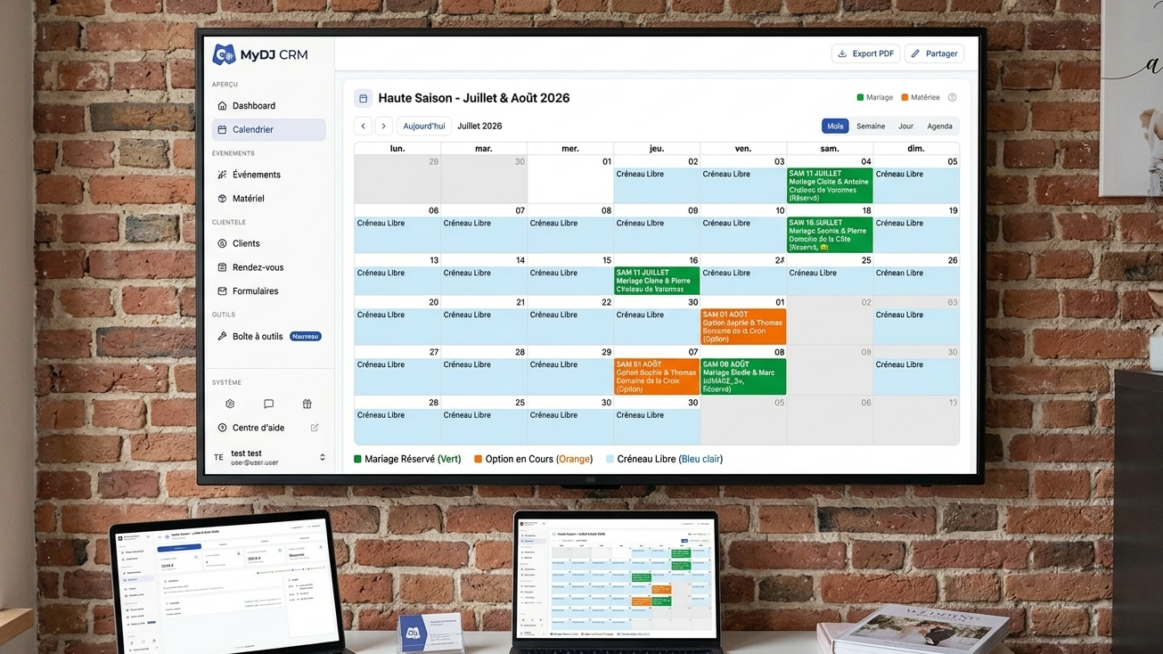 Vue d'un calendrier ou planning numérique de haute saison affichant plusieurs dates de mariages réservées, options en cours et créneaux libres, style interface de gestion claire et colorée.
