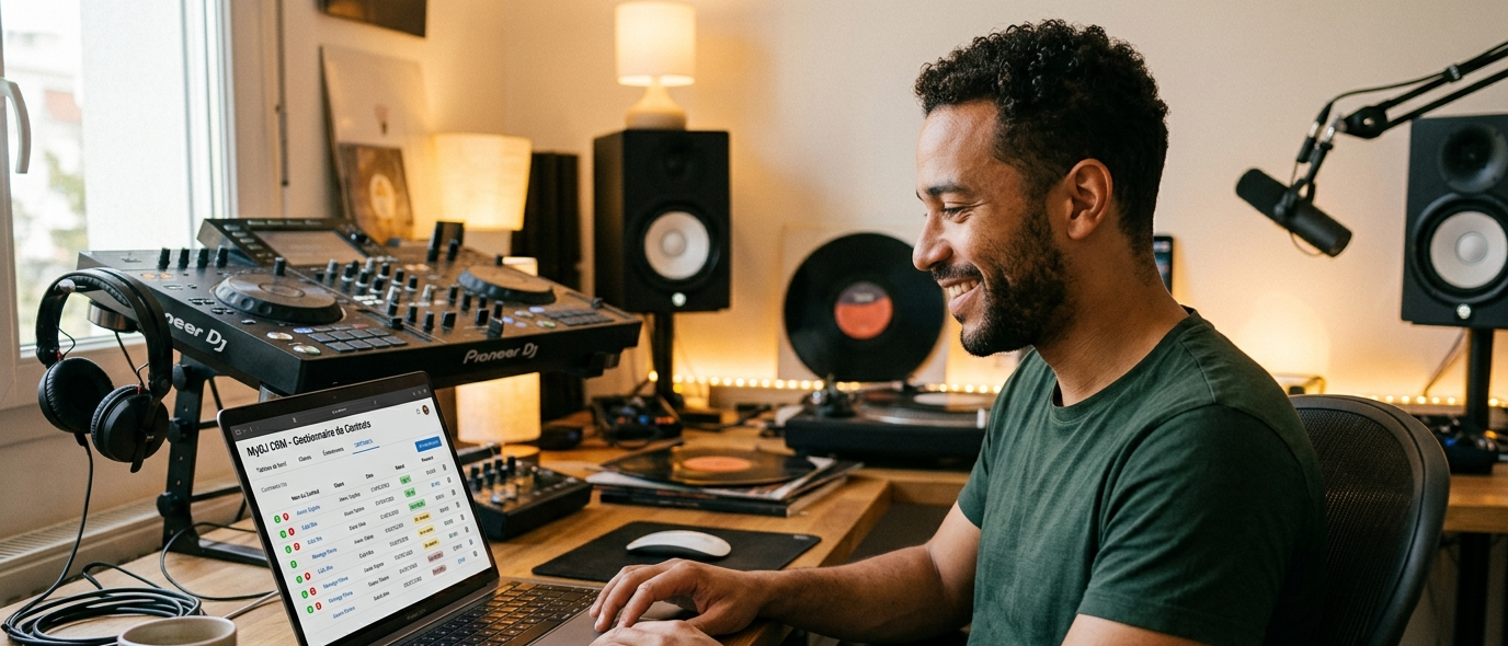 Image de mise en avant : un DJ souriant assis à son bureau (platines ou contrôleur visibles en arrière-plan), consultant sur un ordinateur portable l'interface du gestionnaire de contrats de MyDJ CRM. Ambiance chaleureuse et professionnelle, format paysage.