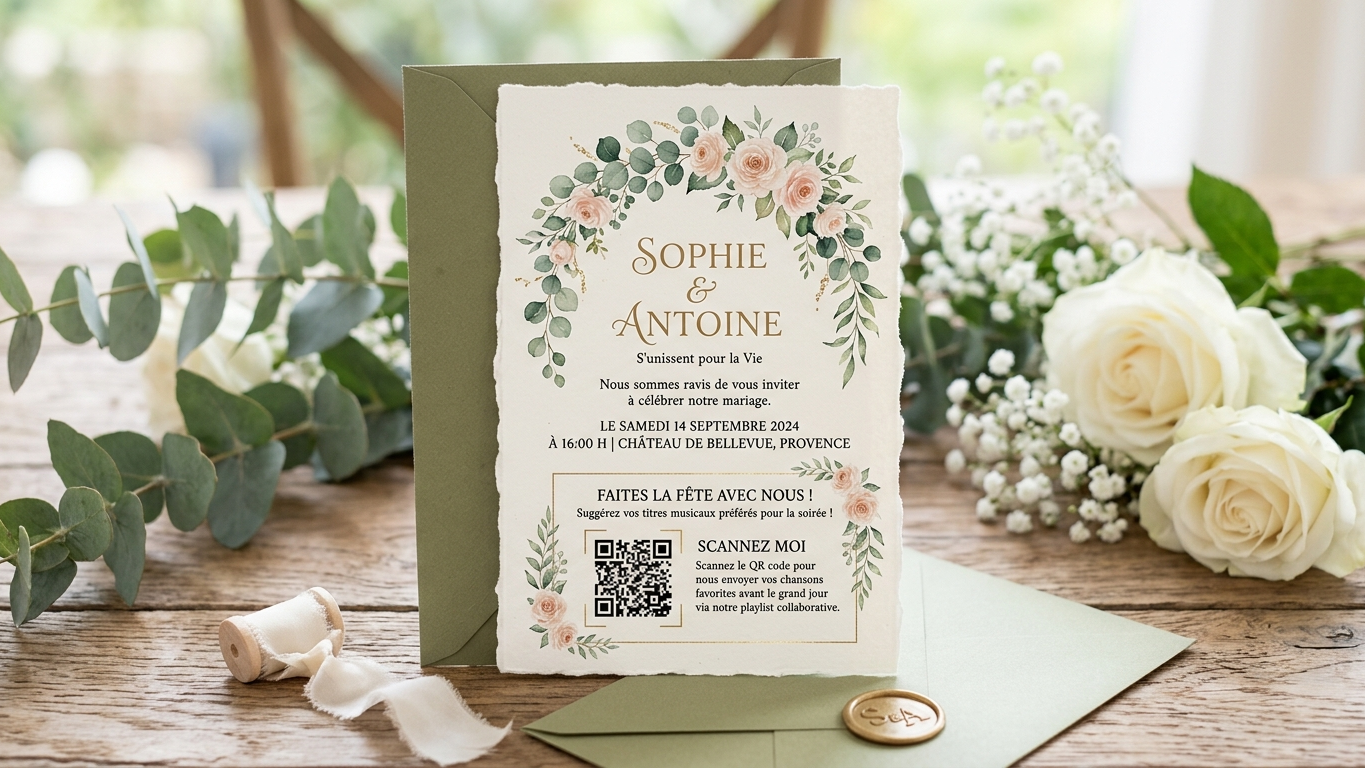 Photo ou illustration d'un carton d'invitation de mariage avec un QR code permettant aux invités de suggérer des titres musicaux avant l'événement.